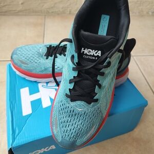 Hoka Men's Clifton 8 Teal and Red Athletic Shoes with Breathable Mesh